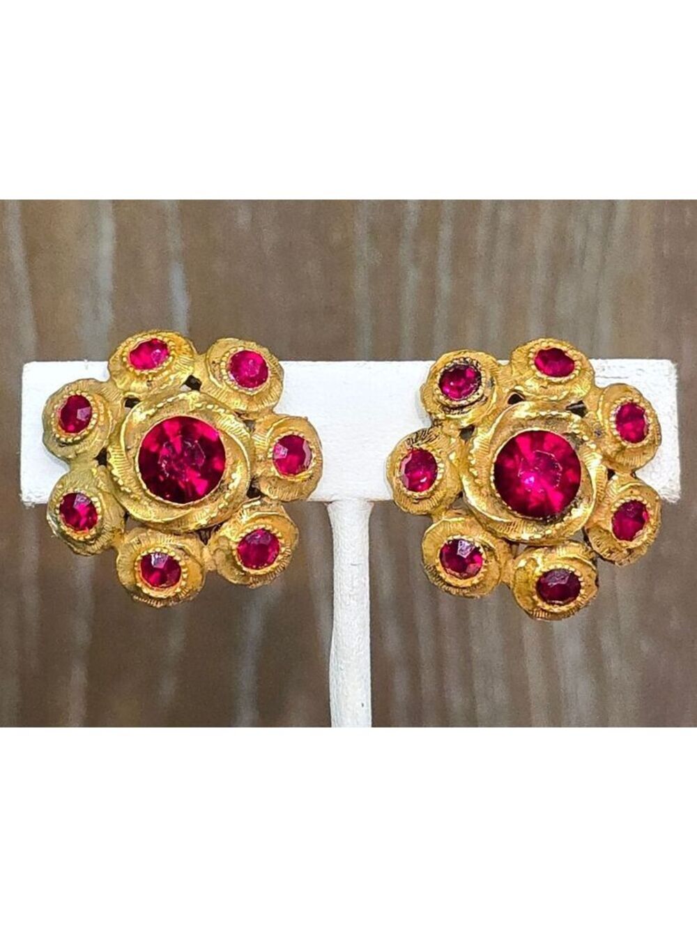Etruscan Revival Clip Earrings Ruby Red Rhinestone